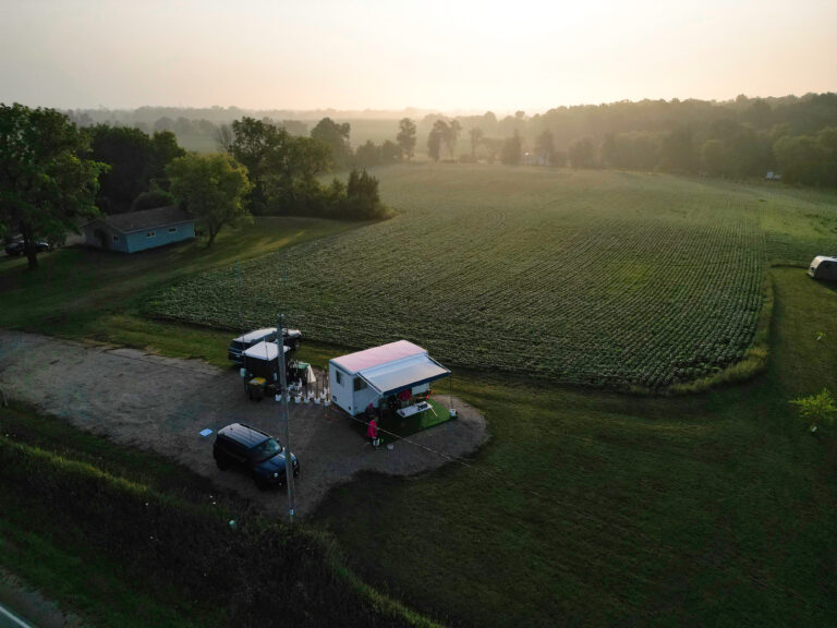 Fisk VFR Approach Control trailer next to a soybean field on a foggy morning